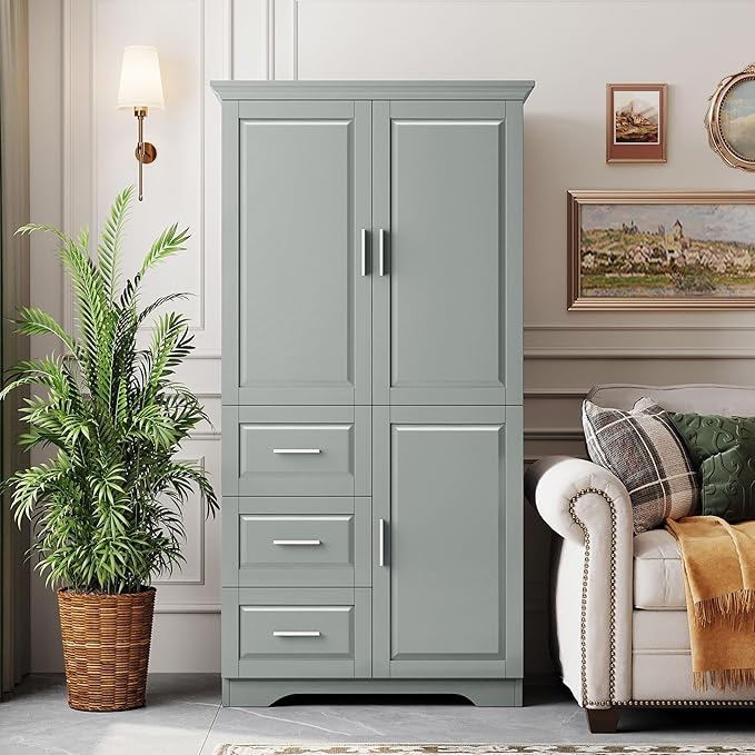 62.2" Wide Storage Cabinet Pantry Cupboard with Doors and Drawers for Home Kitchen, Bathroom and Living Room, Adjustable Shelf, White