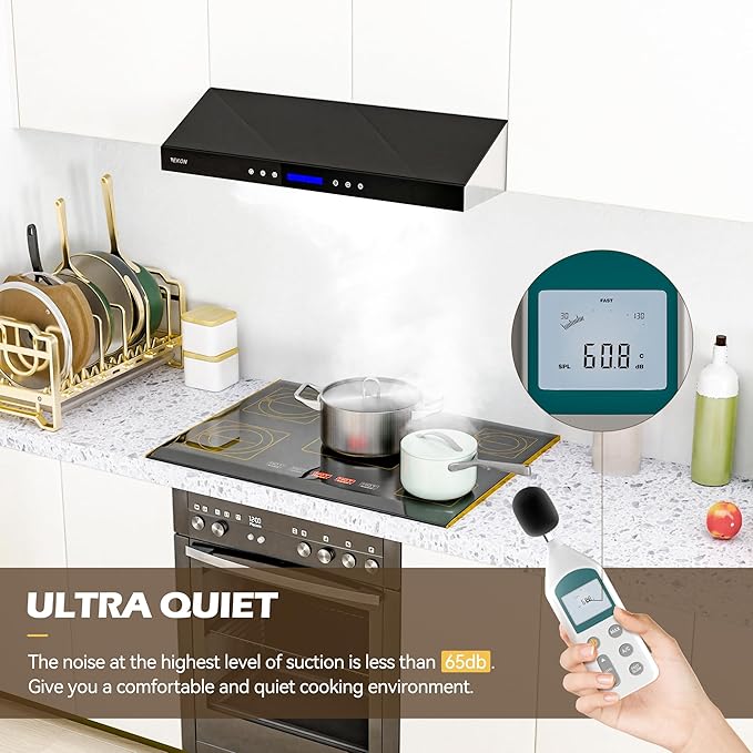 EKON 30 Black New inches Under Cabinet Range Hood, 900 CFM Stainless Steel Kitchen Chimney Vent, 4 Speed Touch Screen Control With Remote 2Pcs 3W LED lights Dishwasher-safe Filters Fan Timer