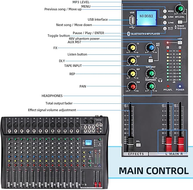 Depusheng DT12 Studio Audio Mixer 12-Channel DJ Sound Controller Interface w/USB Drive for Computer Recording Input, XLR Microphone Jack, 48V Power, RCA Input/Output for Professional and Beginners
