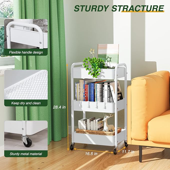 LEHOM 3 Tier Rolling Storage Cart, Metal Trolley Utility Cart with Wheels & Hooks, Easy Assembly Organizer Storage Cart for Bathroom Kitchen Office Bedroom