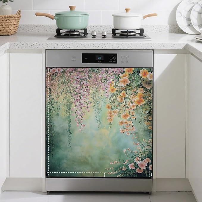 Dishwasher Magnet Cover,Abstract Flowers Dishwasher Cover Magnetic Spring Floral Home Appliances Refrigerator Decorative 23" x 26"