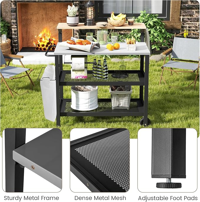 GOFLAME Outdoor Patio Cart Table, Kitchen Shelf on Wheels with Flip Top, Trash Bag Holder, Movable Hooks, Side Handle, Rolling Dining Grill Table, 4-Tier Serving Cart for Home, Bar (Without Chairs)