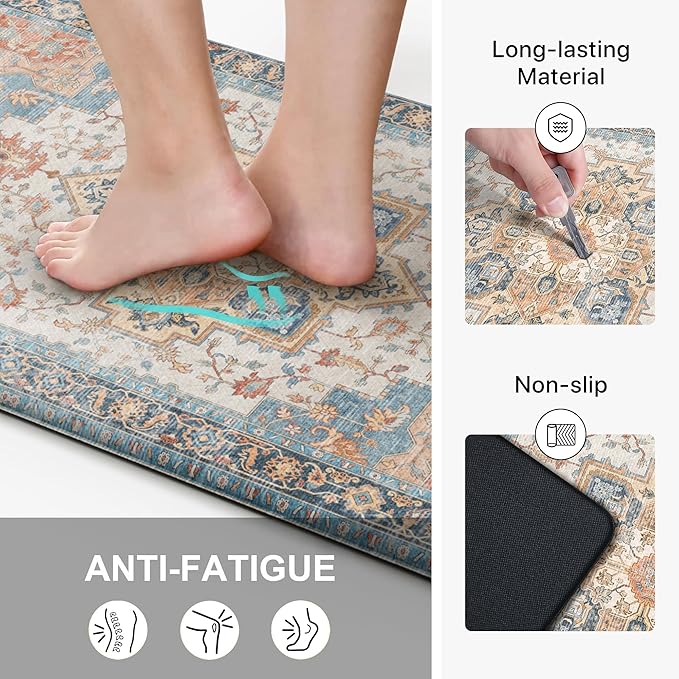 GENIMO Kitchen Mats for Floor 2PCs, Washable Anti Fatigue Mat for Cushioned, 17.3"x59"+17.3"x30", Waterproof Kitchen Rugs, Non Slip Comfort Standing Mat Rug for Home, Sink, Laundry, Blue&Salmon