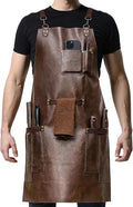 Leather Chef Cooking Apron for Men, Cross Back Apron for All-Day Comfort, Waterproof Apron with Multiple Pockets, Great for Kitchen, Baking, BBQ, Butcher Work or Crafts, Ideal Gift