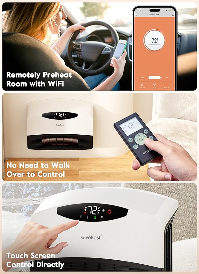 GiveBest Electric Wall Heater, 1500W Smart Wall Heater for Bathroom, Wall Mounted Heaters with Thermostat, Remote Control, 12H Timers, Compatible with Alexa, with ALCI Plug
