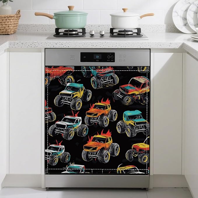 Magnetic Dishwasher Cover,Abstract Monster Truck Reusable Dishwasher Magnetic Cover Decorative Door Covers Panel for Home Kitcen 23" x 26"
