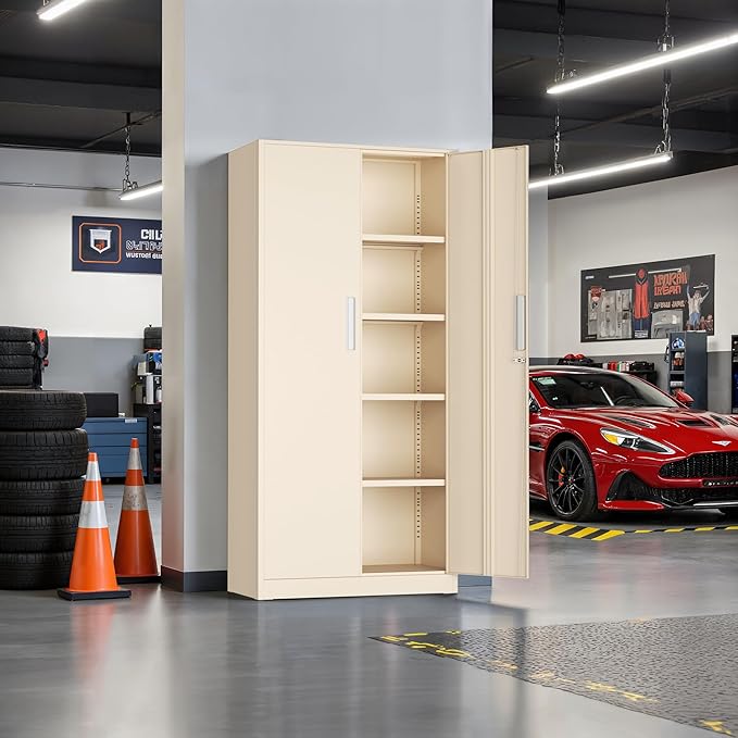 Oakmont Metal Storage Cabinet for Tool Organization, 72" Lockable Garage Storage Cabinets with 2 Doors and 4 Adjustable Shelves, Locking File Cabinet for Office, Home, School (72“ Standard-Ivory)