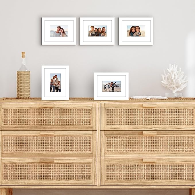 Americanflat 6x8 Picture Frame with Polished Plexiglass - Set of 5 - Use as 3x5 Frame with Mat or Display 6x8 Photo Without Mat - Galleria Collection - Picture Frames for Tabletop and Wall - White