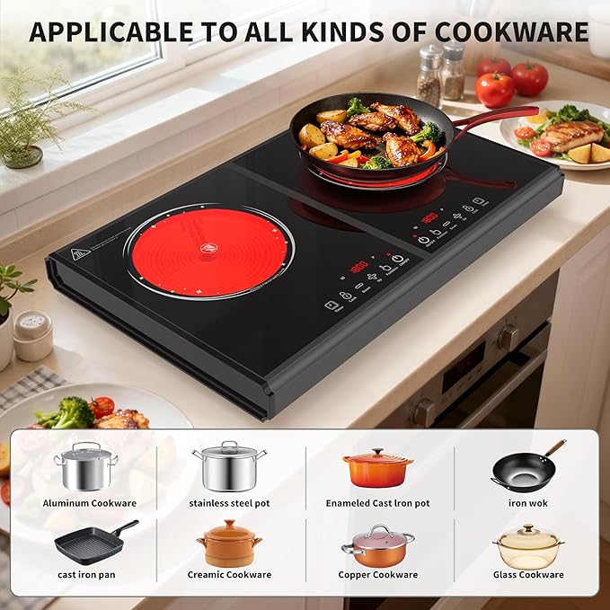 VBGK Electric Cooktop, 110V 3600w Stove top, 20 inch Countertop with 9 Power Levels, LED touch control Overheat Protection, Child Safety Lock & Timer, touch control 2 burer Electric cooktop