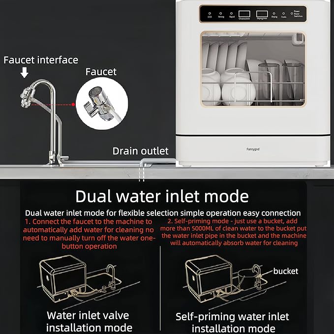 Dishwasher Countertop dishwasher Portable small automatic cleaning 4 cleaning modes and drying and disinfection mode Automatic water absorption and connection to the faucet
