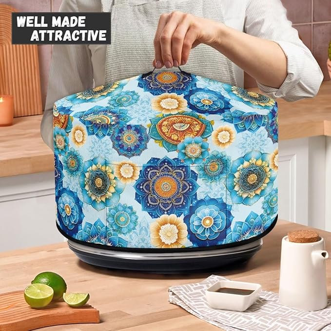 Boho Mandala Floral Blue Print Slow Cookers Dust Cover Fit Most 6/7/8 Quart Crock Pot Stain Resistant Air Fryer Cover with Accessory Pocket and Handle Washable