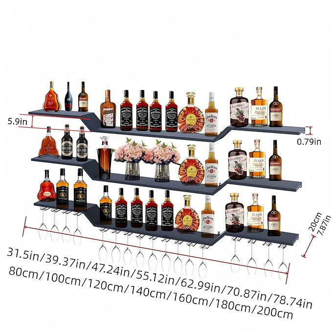 78.7" Wall Mounted LED Wine Rack, 3-Tier Floating Bar Shelves, Large Liquor Shelf with Wine Glass Rack, Large Bar Rack Wall Mounted for Liquor Bottles, Home Bar, Dining Room or Cafe, Black
