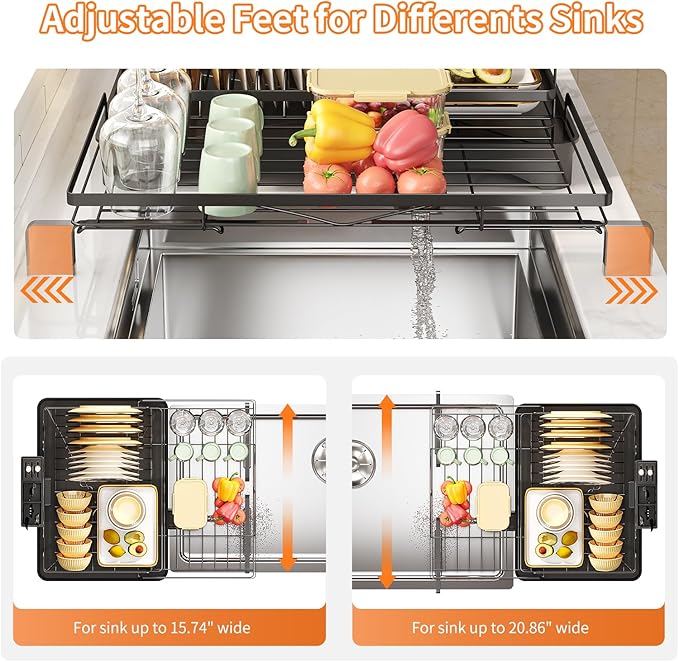 Extendable Dish Rack for Kitchen Sink - Heavy-Duty Adjustable Over Sink Drying Rack with Utensil Holder & Drain Tray, Space Saving Steel Frame Dish Rack (Black)