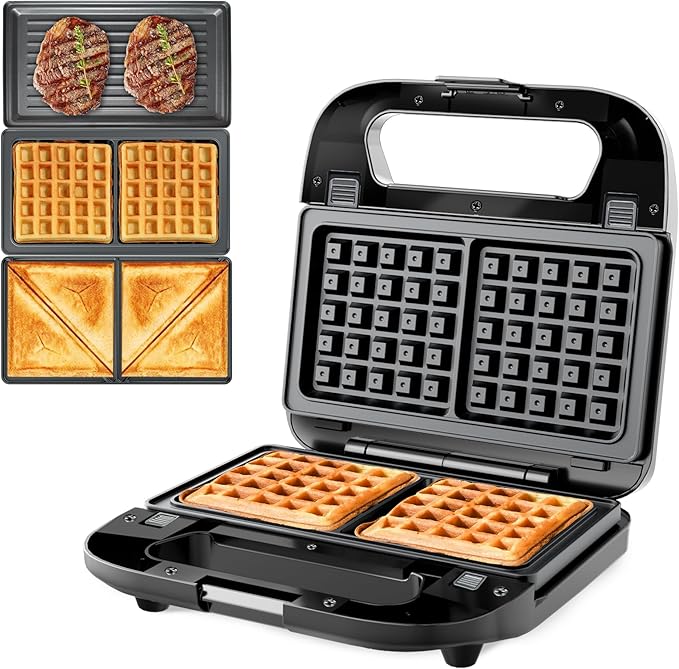 3 in 1 Sandwich Maker & Waffle Maker, Removable Non-Stick Plates, Panini Press, Grilled Cheese Maker, Cool-Touch Handle, LED Light, Easy Clean, 750W, for Home Kitchen Breakfast