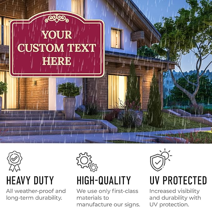 Custom Decorative Sign, Personalized Metal Sign for Driveway, Home, Airbnb, Door Plaque, Burgundy Background Sign, 7x10 Inches, ACM, Fade Resistant, Made in USA by Sigo Signs