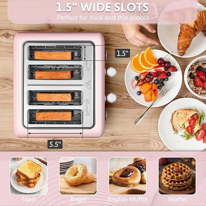 BUYDEEM DT640 4-Slice Toaster, Extra Wide Slots, Retro Stainless Steel with High Lift Lever, Bagel and Muffin Function, Removal Crumb Tray, 7-Shade Settings,Pink
