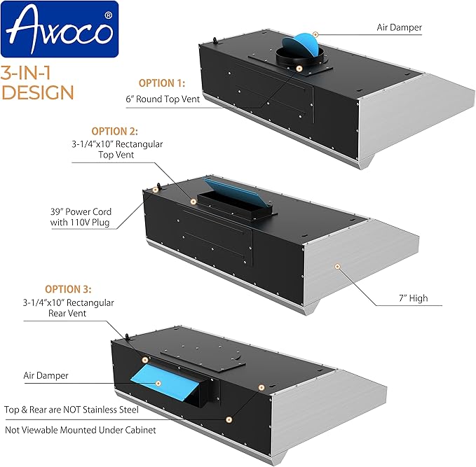 Awoco 30" Stainless Steel Under Cabinet 6 Speeds 900 CFM Range Hood with Tempered Glass Touch Panel, LED Lights, Baffle Filters and Oil Collector, 7" High