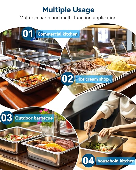 4 Pack Hotel Pans with Lids, 1/2 Size 4" Deep Steam Table Pans, Stainless Steel Food Pans 22 Gauge Anti Jam 12.8" L x 10.4" W Commercial Food Storage Containers