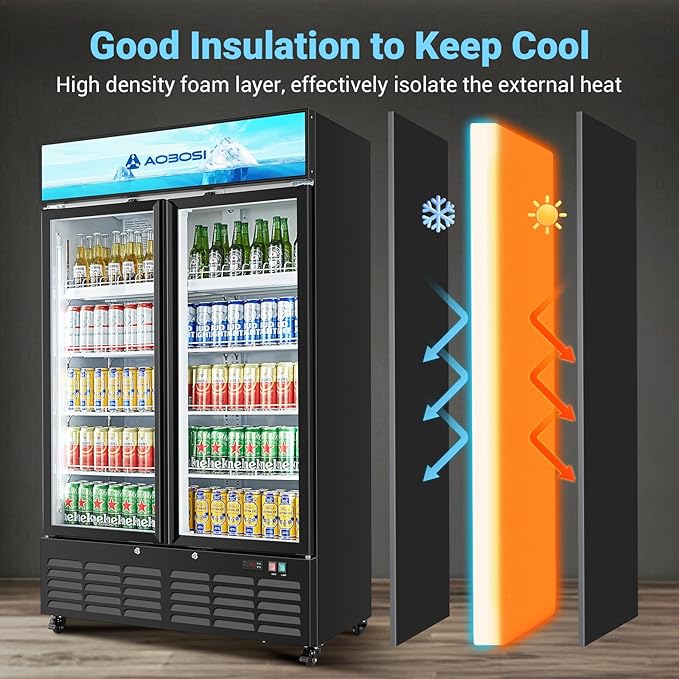 AAOBOSI 44”Commercial Merchandiser Refrigerator,27.02 Cu.Ft Glass Door Display Refrigerator,Upright Beverage Fridge with Soft LED Light,Customizable Lightbox,Universal Casters,Adjustable Shelves