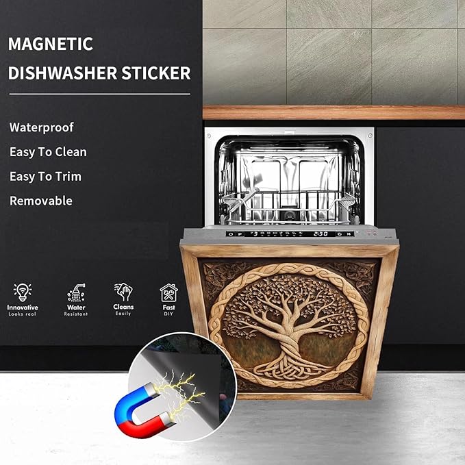 Wood Tree of Life Dishwasher Cover Skin Panel Decal, 3D Wood Sculpture Tree of Life Refrigerator Door Cover Vinyl Dishwasher Sticker - 23" W x 26" H Ordinary