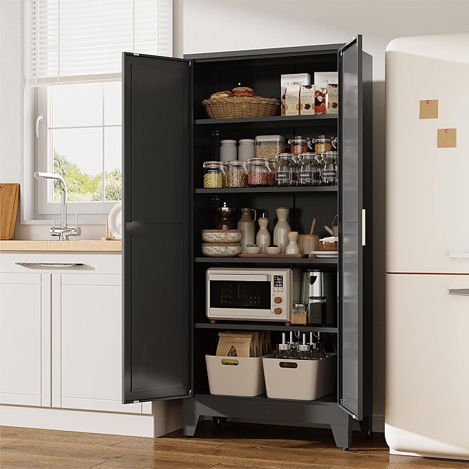 71" Tall Pantry Cabinet, White Metal Pantry Storage Cabinet, Kitchen Pantry Storage Cabinets with 2 Door and 4 Adjustable Shelves (Black, 71" H)