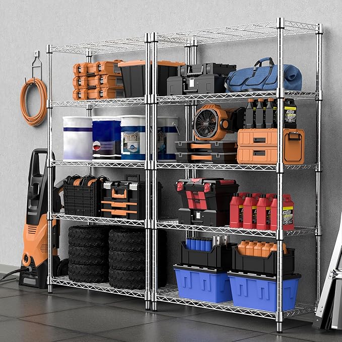 1250 lbs Steel Heavy Duty 5-Tier Utility Shelving Unit Steel Organizer Wire Rack for Home,Kitchen,Office,Chrome (13.7" D x 23.6" W x 62.4" H)