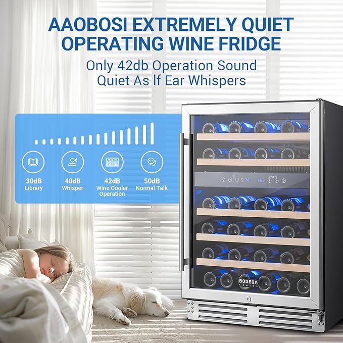 AAOBOSI Upgraded 24 Inch Wine Fridge, 48Bottles Wine Cooler with Dual Zone, Freestanding and Built-in Wine Refrigerator with Adjustable Shelves and Safety Lock, Double-Layer Glass Door, LED Light