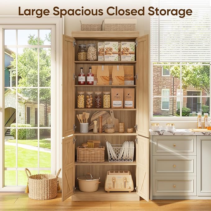 70.8" Tall Bookshelf with Doors, Farmhouse Modular Bookcase with 4-Tier Adjustable Shelves, Large Storage Cabinet for Home Office, Living Room, Brown, Set of 2