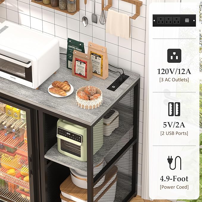 Homieasy Mini Fridge Cabinet Stand with Power Outlet, Coffee Bar Cabinet with Mini Fridge Space, Bar Stand with Microwave Shelf with Wine Rack for Kitchen, Dorm,Light Oak