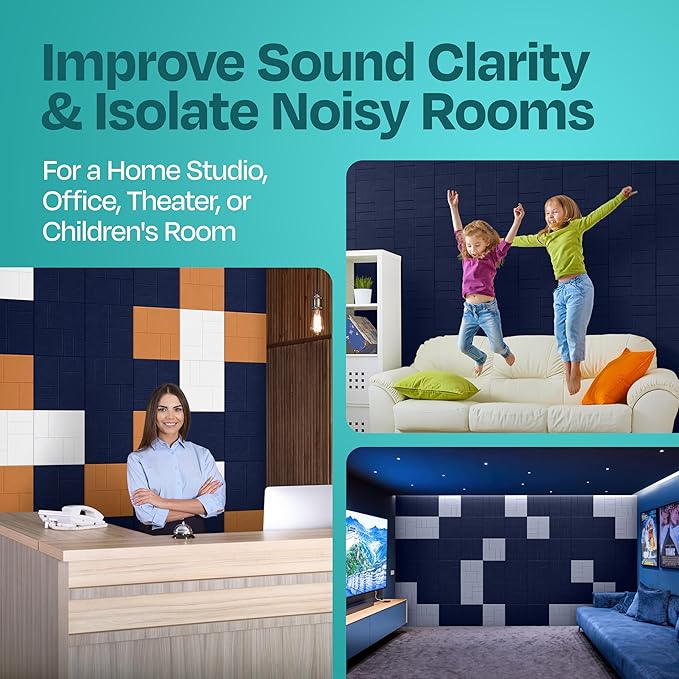 Acoustic Panels 12-Pack Soundproof Wall Panels 12"x12"x0.4" Decorative Sound Dampening for Your Home, Office, Studio, Bedroom & More with Unique GridFrame Carving [Denim Blue]