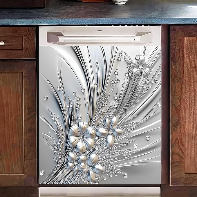 Flowers Dishwasher Magnet Cover 23x26 Inch Silver Floral Refrigerator Sticker Washer Kitchen Decor Floral Magnets Sticker Refrigerator Magnets Decor Panel Kitchen Appliances Art Decor
