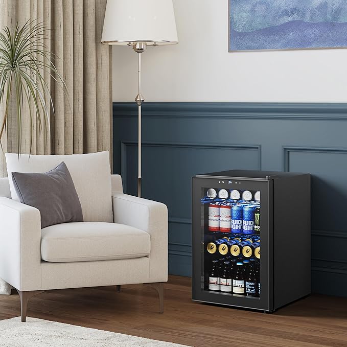 Yeego Beverage Refrigerator Cooler, 85 Cans Drink Mini Fridge with Glass Door for Soda, Beer or Wine, Beverage Cooler with Digital Temperature Control from 34°F to 54°F for Home, Office or Bar (Black)
