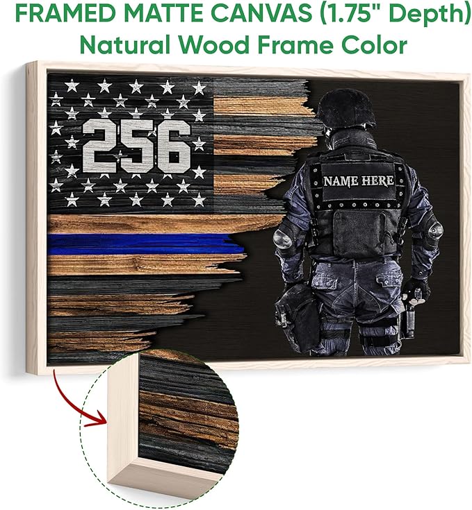 Custom Police Thin Blue Line Gifts For Policeman, First Responder Personalized Name Number Poster & Framed Canvas, Wall Art Home Office Decoration Living Room Bedroom Aesthetic Decor