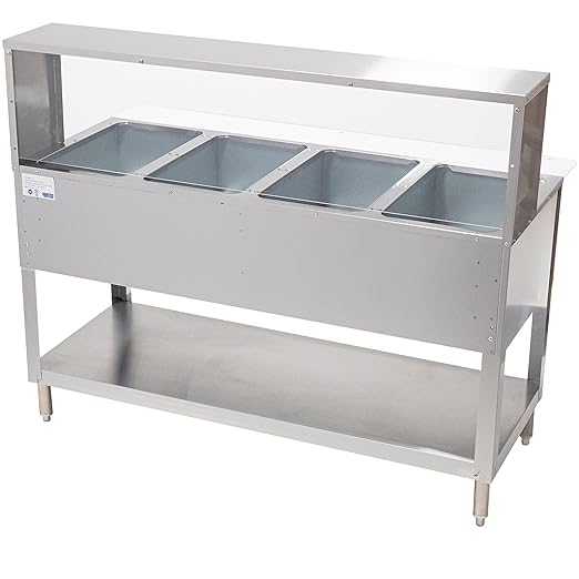 Kratos Commercial Electric Steam Table/Hot Food Table with Overshelf and Sneeze Guard, 4 Wells, Stainless Steel, Stationary, NSF, 240V (28W-194)