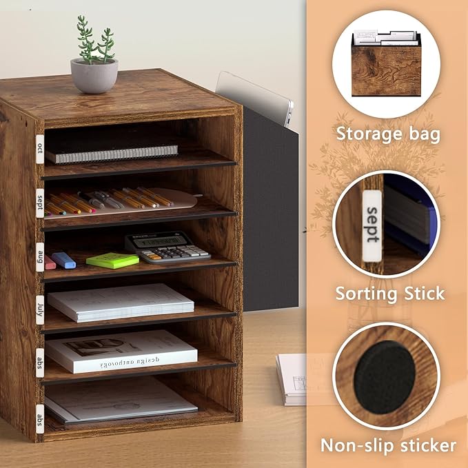 6 Tier Adjustable Countertop Mail Sorter, Mailboxes With Name Slots, Literature Organization Paper Storage Slot, Office Desk File Organizer, Wooden Desktop Mailbox for Classroom, Rustic Brown