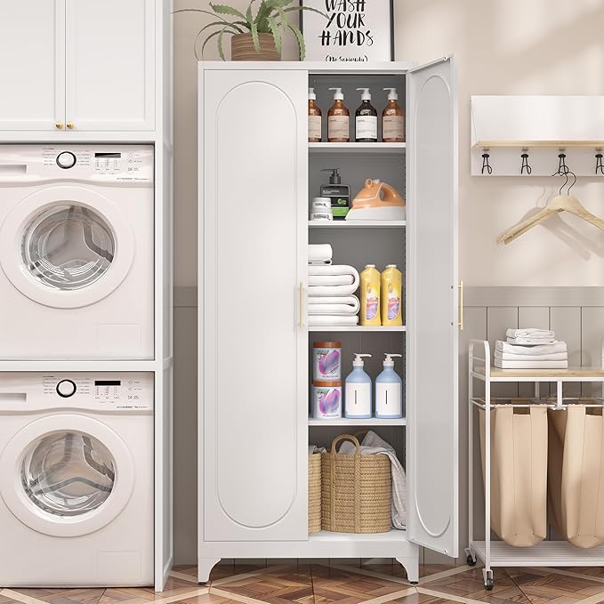 Kitchen Pantry Cabinet,75 Inch White Metal Storage Cabinet with Door and Adjustable, Tall Pantry Cabinets for Kitchen Storage,Cupboard for Living Room,Dining Room and Bathroom