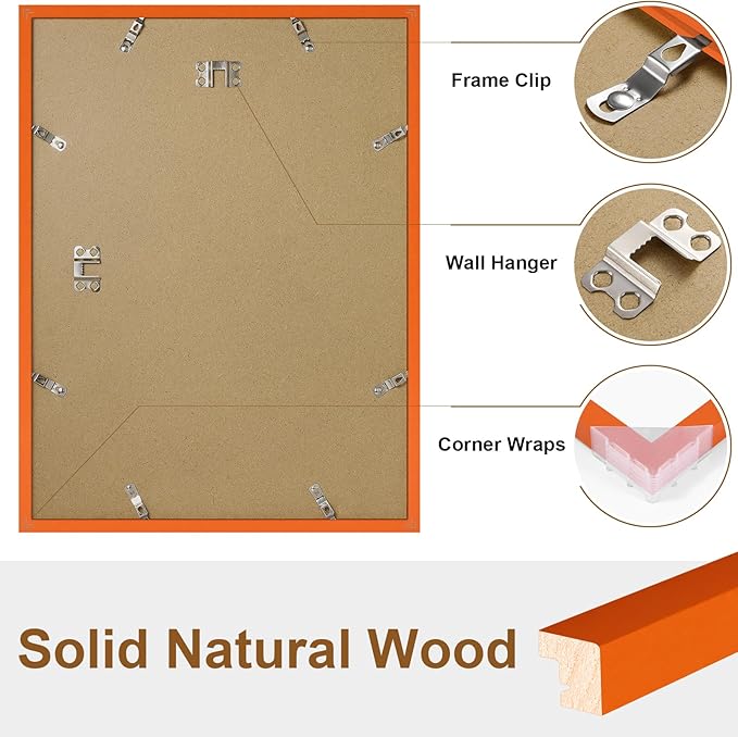 Vittanly 12x16 Picture Frame, Solid Wood Frame with Plexiglass, Includes 8.5x11 Mat, Wall Hanging for Photos, Home Decor, Orange, 1 Pack