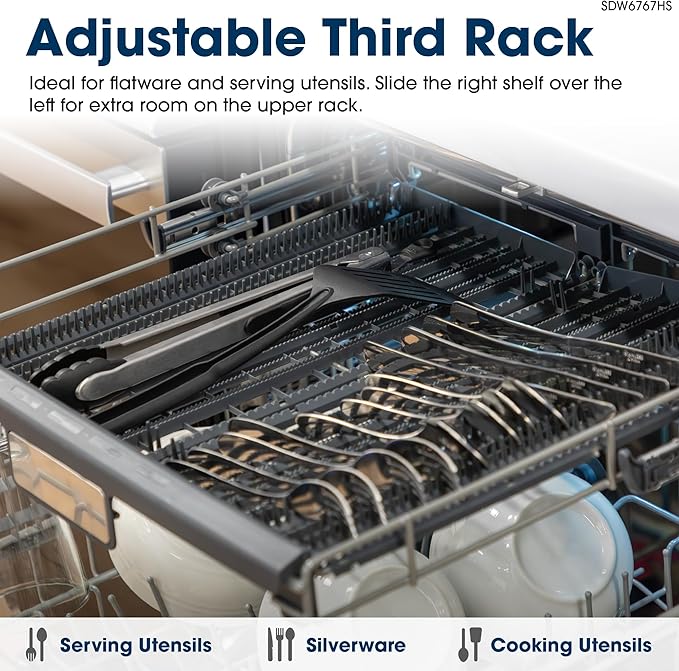 SHARP SDW6767HS Smart Dishwasher Works with Alexa. Includes LED Interior lights, Stainless Steel interior, Heated Dry with Fan Assist, Wash Zone cleans half load on either rack, Adjustable Third Rack