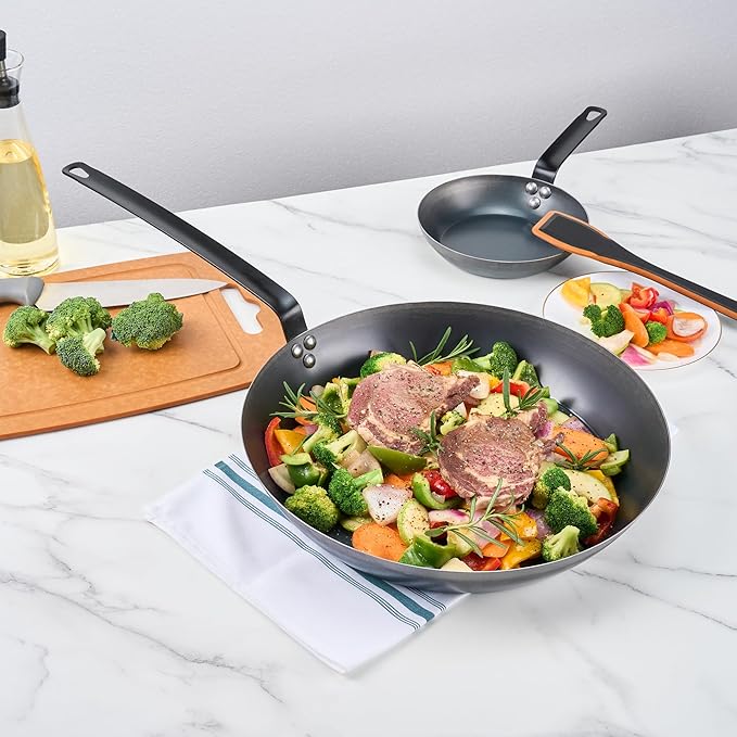 Restaurantware-Met Lux 16 Inch Fry Pan, 1 Lightweight Frying Pan - Induction-Ready, Triple-Riveted, Black Carbon Steel Cooking Skillet, Durable, For Searing, Sauteing, And Browning Food