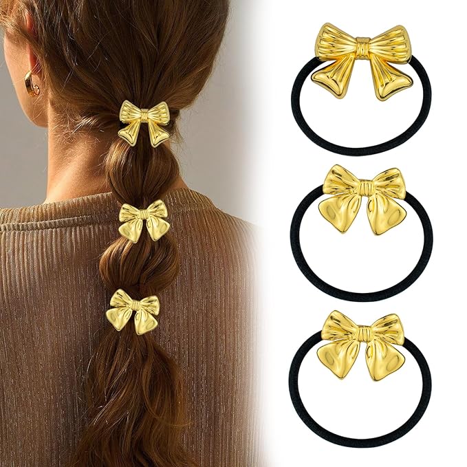 3PCS Gold Bow Hair Ties - Polished Metal Hair Cuffs, Elegant Ponytail Holders with Bow Shapes