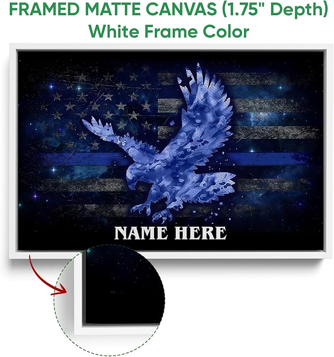 Personalized Police Poster & Framed Canvas, Bald Eagle Drop Thin Blue Line Flag Home Office Decor, Custom Name Bedroom Living Room Aesthetic Wall Art Gift For Policeman, Law Enforcement