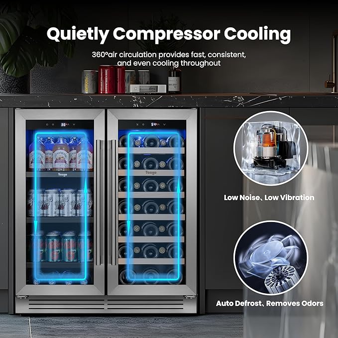 Yeego 30 Inch Wine and Beverage Cooler - 36-72°F, Holds 80 Cans & 33 Bottles Adjustable Shelves Beverage Fridge, Stainless Steel with glass Door for Built-in for Kitchen/Bar