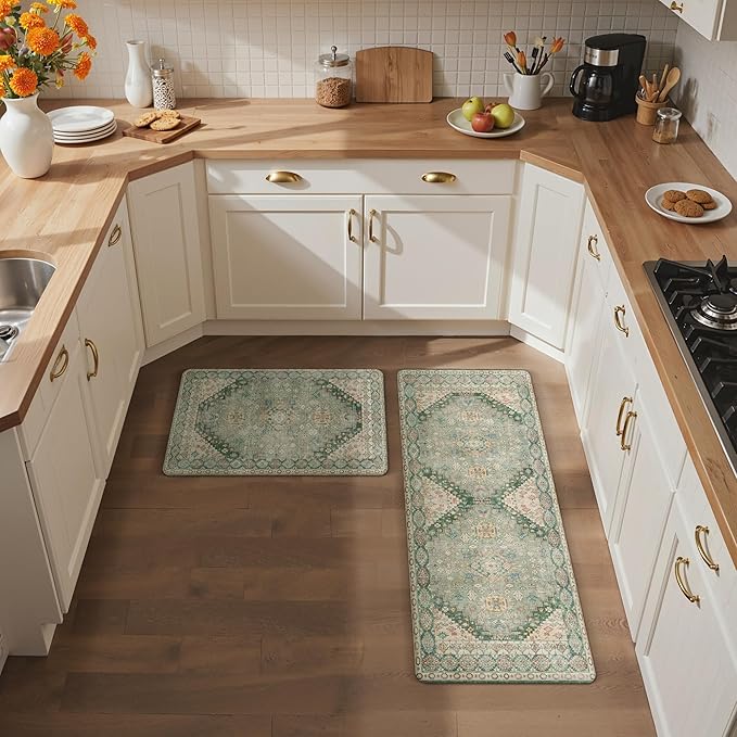 GENIMO Kitchen Mats for Floor, 2PCS Kitchen Rugs Non Slip Washable, Waterproof Anti Fatigue Mat, Comfort Standing Runner Rug for Sink, Office, Laundry, Home, 17.3"x47"+17.3"x30", Muted Green