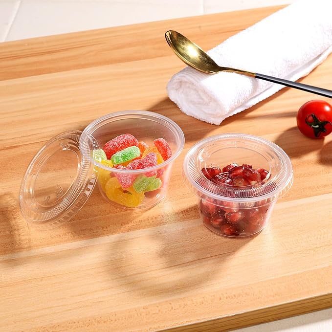EDI [4 OZ, 100 Sets] Clear Disposable Plastic Portion Cups with Leakproof Lids for Condiment and Dipping Sauce | Jello Shot/Souffle Cups| BPA Free | Recyclable
