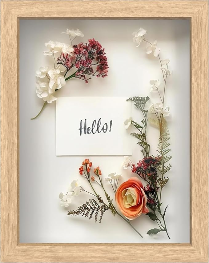 FrameWorks 8.5” x 11” Natural Oak Wooden Shadow Box Frame – Display Case with Soft Felt Back, Memory Box with Tempered Glass, Display Box with Elegant White Ball Push Pins, Wooden Flower Box