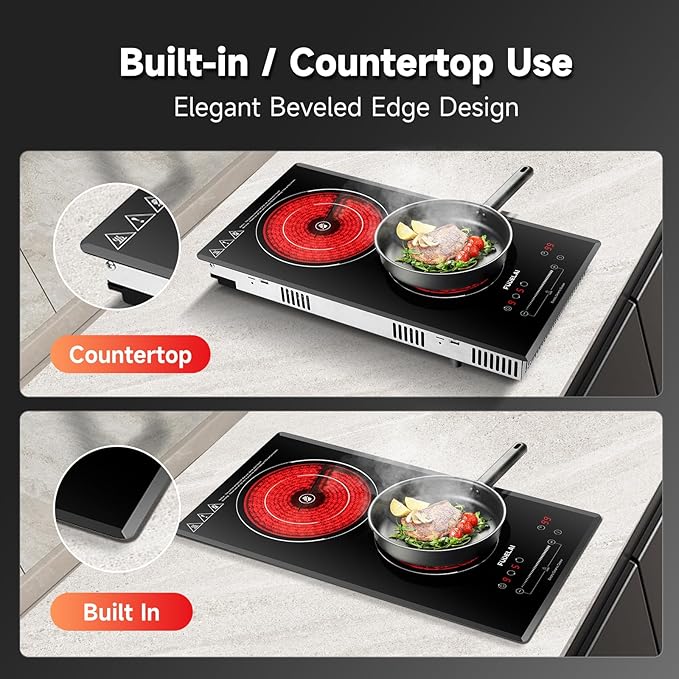 2-Burner Electric Cooktop, 3200W 240V Ceramic Hot Plate with 9 Power Levels,Touch Control,Auto Safety Lock,Timer,UL Certified Plug, For Built-in/Countertop Use/RV Camping