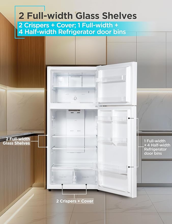 BLACK+DECKER 18.1 Cu. Ft. Top Mount Refrigerator with Freezer, 2 Door Refrigerator with Top Freezer and Adjustable Temperature Control, Full Size Fridge, ENERGY STAR Certified, BR1810HW, White