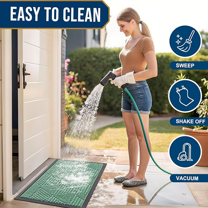 Smiry Front Door Mat Outside Entrance, Heavy Duty Sturdy Natural Rubber Doormat, Trap Dirt and Moisture, Easy Clean Low Profile Mats for Indoor Outdoor Entry, Irregular Triangle (29.5x17, Mint Green)