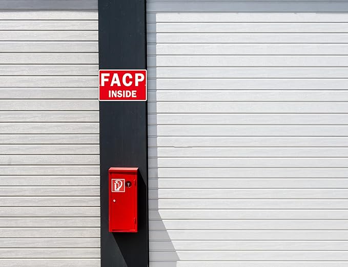 FACP Sign, (2 Pack) Self Adhesive FACP Inside Signs, Rust Free and Reflective Aluminum Metal Sign Sticker for Door (9 x 6 inches, Red/White)