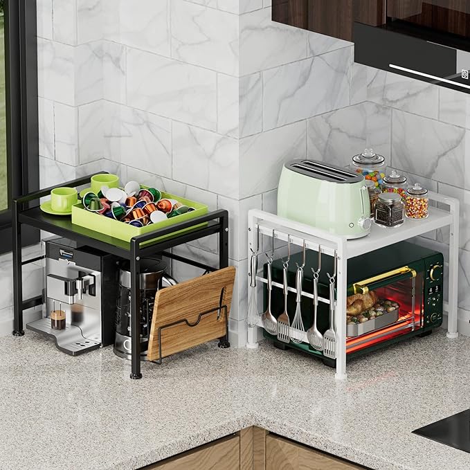 Extendable Microwave Oven Rack - Adjustable Kitchen counter shelf, 2 Tier Microwave Stand (L15.7~23.6" xW12.8 xH17.7) with 6 Hooks for Kitchen Countertop Organizer (White)